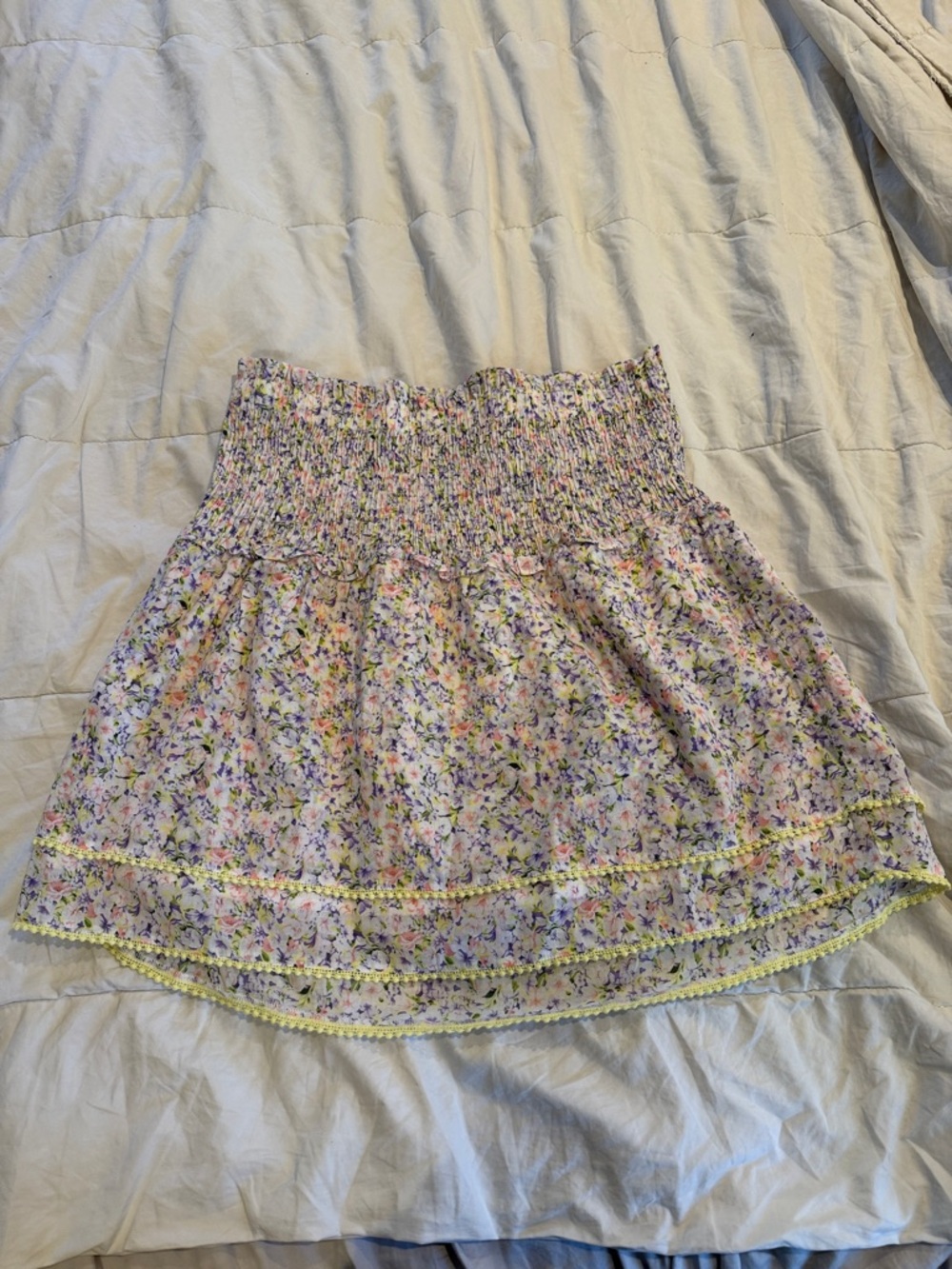Heartloom Pastel Floral Smocked Mini Skirt with Yellow Trim